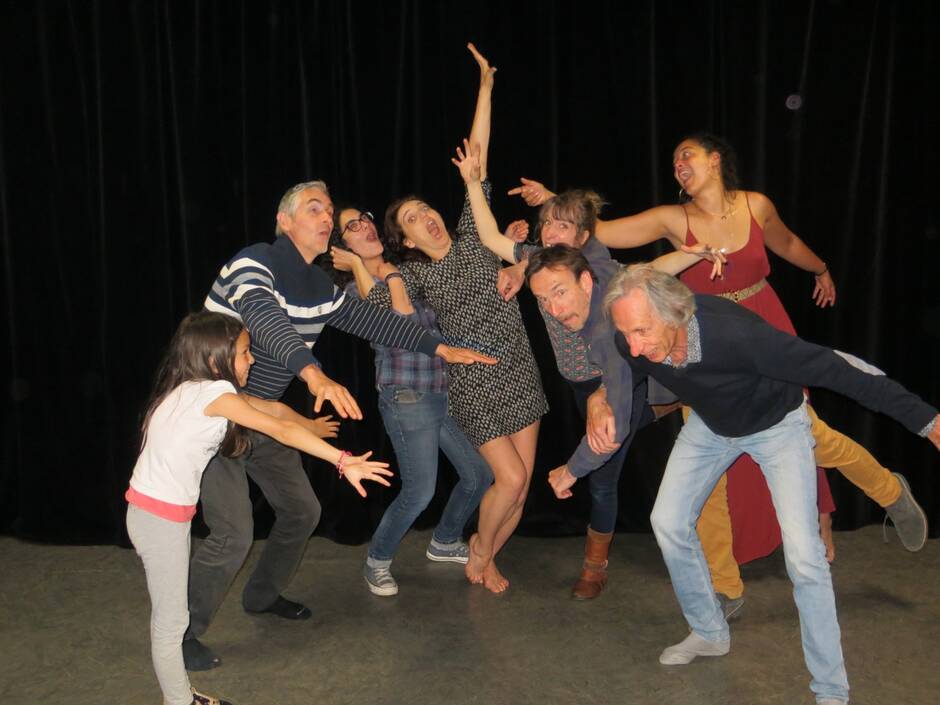 Situation cocasse pour Alain, Sophie, René, Denis, Sylvaine, Laurie, et la petite Anaïs en pleine scène improviséeavec Fanny. Ils vous accueilleront ce soir pour un cabaret pédagogique. | OUEST-FRANCE
